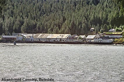 Butedale abandoned cannery, Princess Royal Island from 'Queen of Prince Rupert' ferry, Inside Passage, BC, Canada Butedale abandoned cannery, Princess Royal Island from 'Queen of Prince Rupert' ferry, Inside Passage, BC, Canada