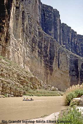 Raft on the Rio Grande leaving Santa Elena Canyon, Big Bend National Park, TX, USA