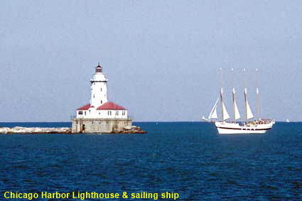Chicago Harbor Lighthouse & sailing ship, IL, USA Chicago Harbor Lighthouse & sailing ship, IL, USA