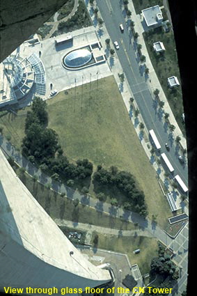 View through glass floor of the CN Tower, Toronto, Ontario, Canada View through glass floor of the CN Tower, Toronto, Ontario, Canada