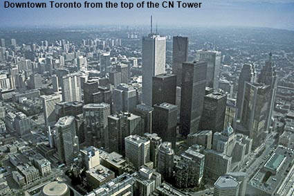 Downtown Toronto from the top of the CN Tower, Toronto, Ontario, Canada Downtown Toronto from the top of the CN Tower, Toronto, Ontario, Canada