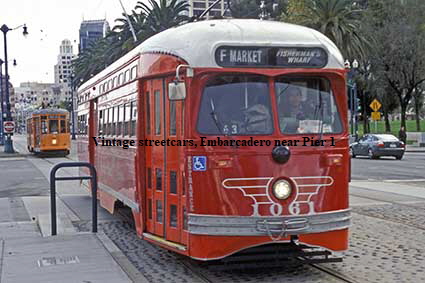 Vintage streetcars, Embarcadero near Pier 1, San Francisco, CA, USA Vintage streetcars, Embarcadero near Pier 1, San Francisco, CA, USA