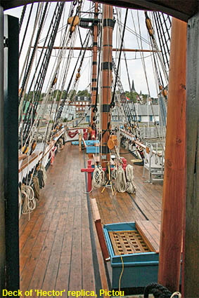 View along deck of 'Hector' replica, Pictou, NS, Canada View along deck of 'Hector' replica, Pictou, NS, Canada