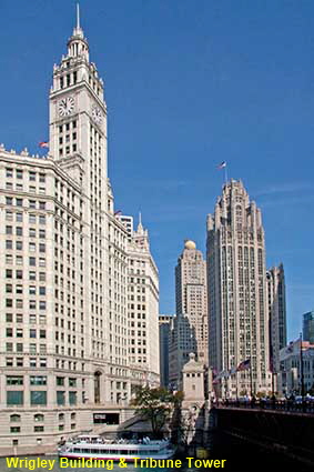 Wrigley Building & Tribune Tower from Michigan Avenue, Chicago, IL, USA Wrigley Building & Tribune Tower from Michigan Avenue, Chicago, IL, USA