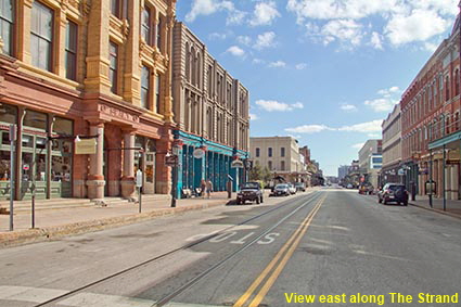 View east along The Strand from Mitchell Avenue, Galveston, TX, USA