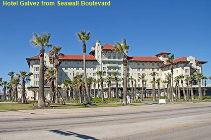 Hotel Galvez from Seawall Boulevard, Galveston, TX, USA